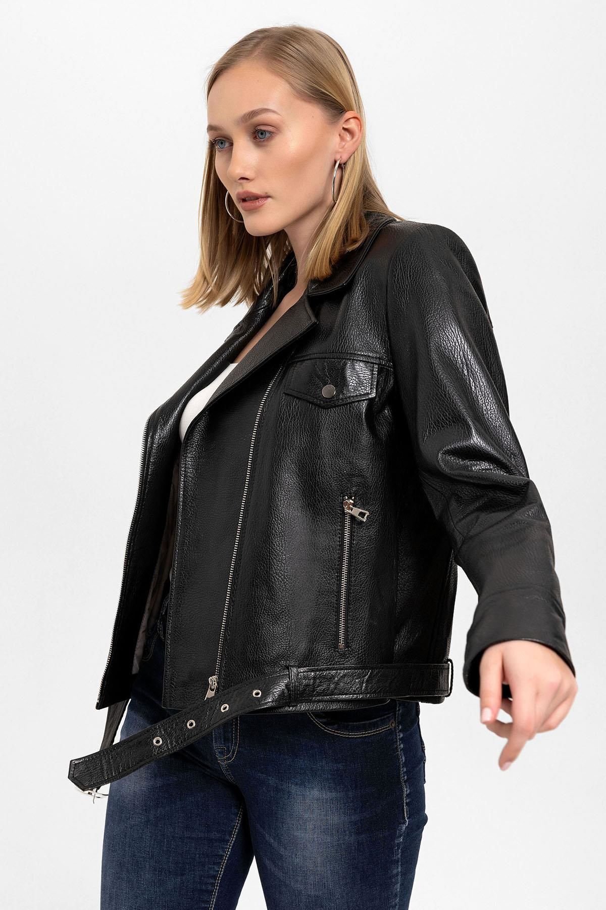 Kity Black Woman Genuine Leather Biker Jacket
