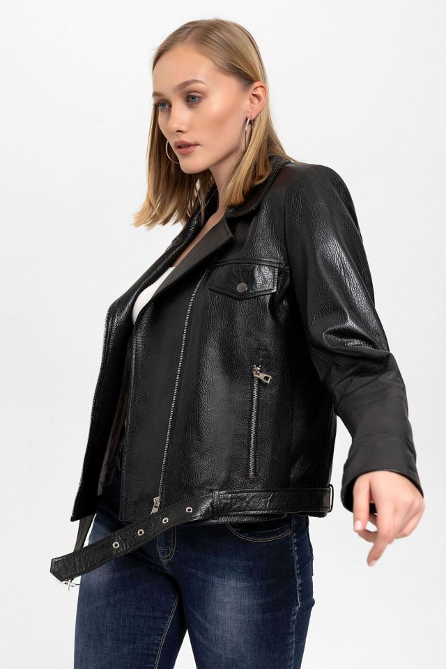 Kity Black Woman Genuine Leather Biker Jacket