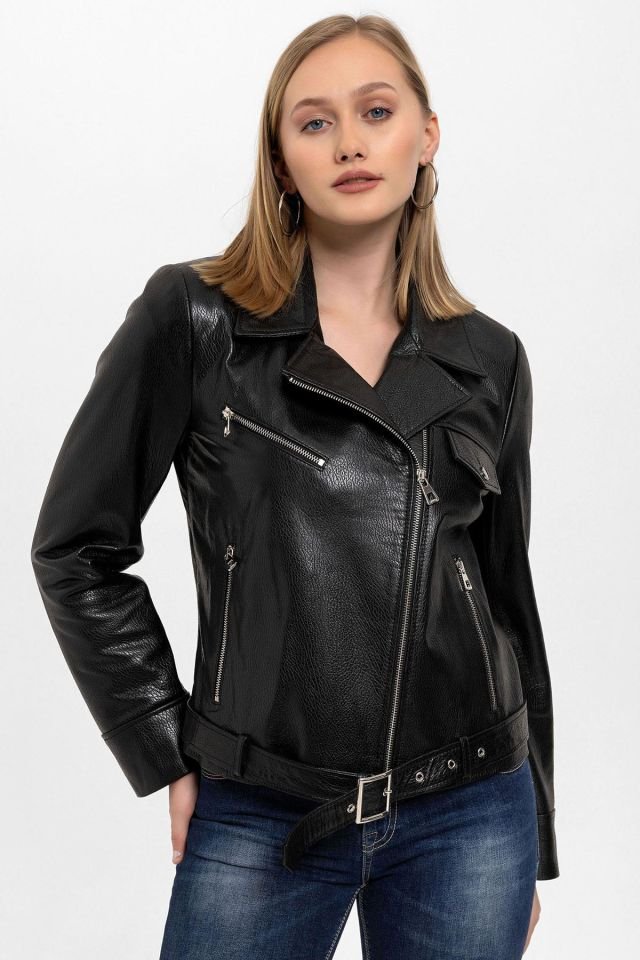 Kity Black Woman Genuine Leather Biker Jacket