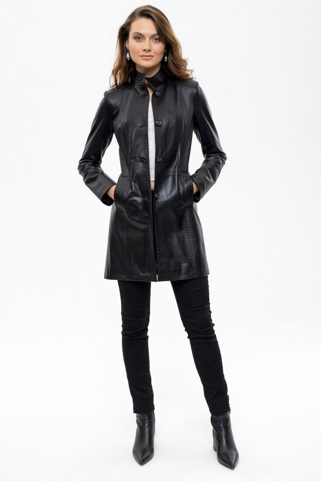 Black Cara Fit Cut  Genuine Leather Woman Medium Length Coat