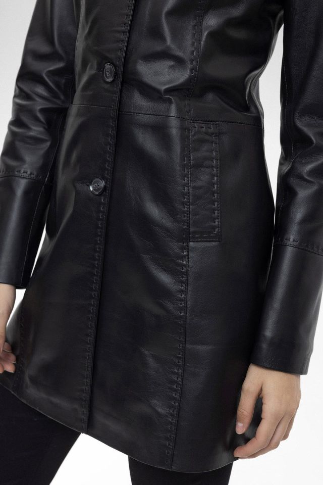 Black Cara Fit Cut  Genuine Leather Woman Medium Length Coat