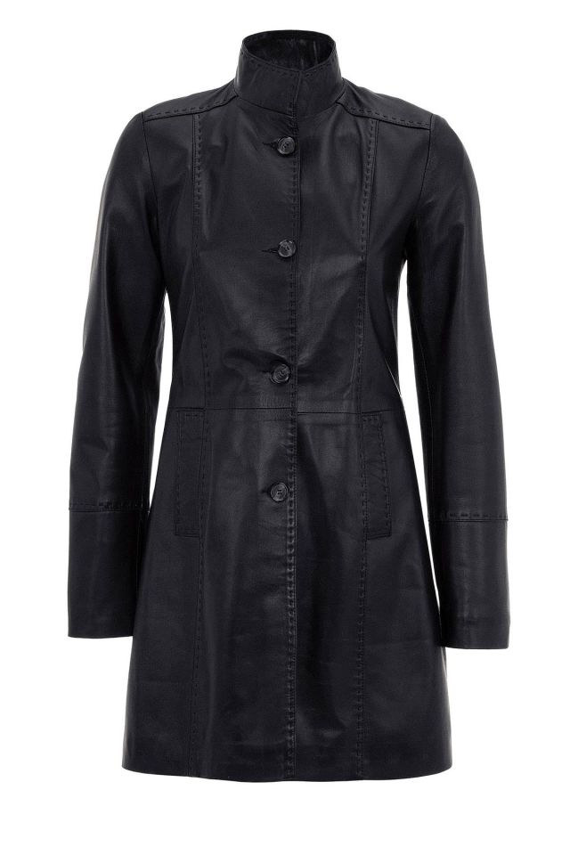 Black Cara Fit Cut  Genuine Leather Woman Medium Length Coat