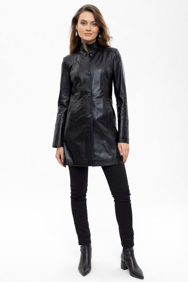 Black Cara Fit Cut  Genuine Leather Woman Medium Length Coat
