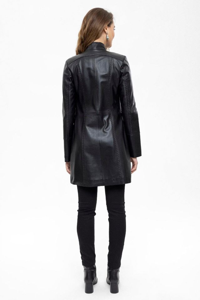 Black Cara Fit Cut  Genuine Leather Woman Medium Length Coat