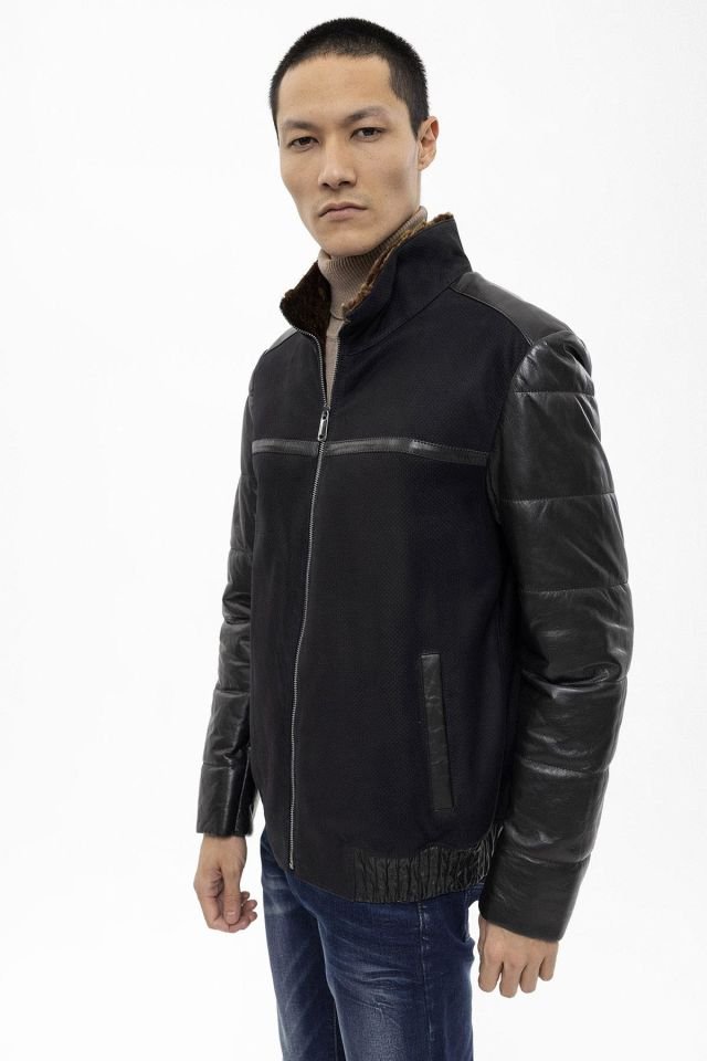 Black Dielo Leather Man Genuine Shearling Coat