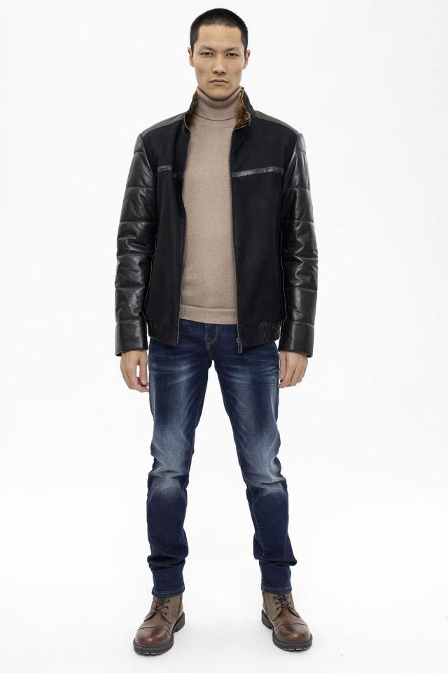 Black Dielo Leather Man Genuine Shearling Coat