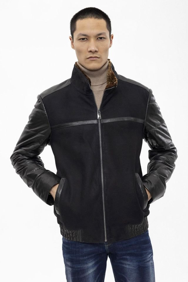 Black Dielo Leather Man Genuine Shearling Coat