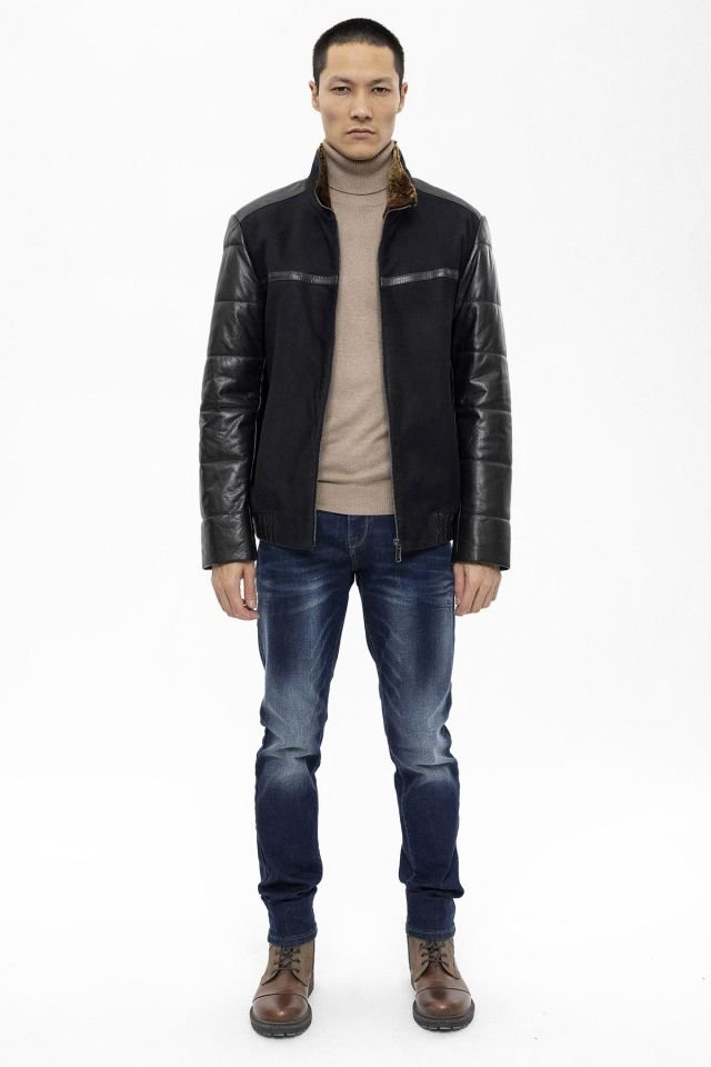Black Dielo Leather Man Genuine Shearling Coat