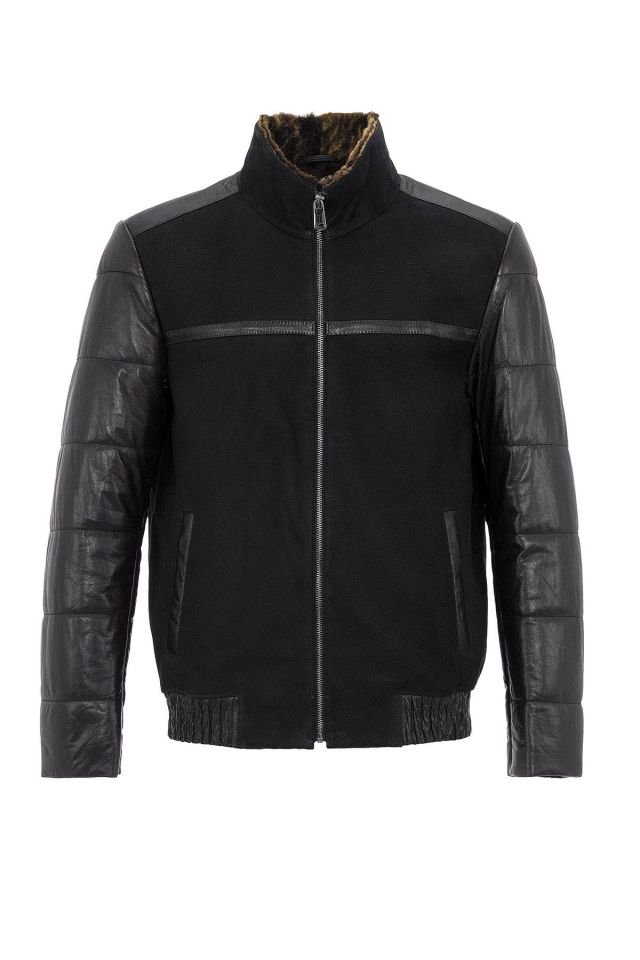 Black Dielo Leather Man Genuine Shearling Coat
