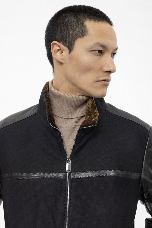 Black Dielo Leather Man Genuine Shearling Coat
