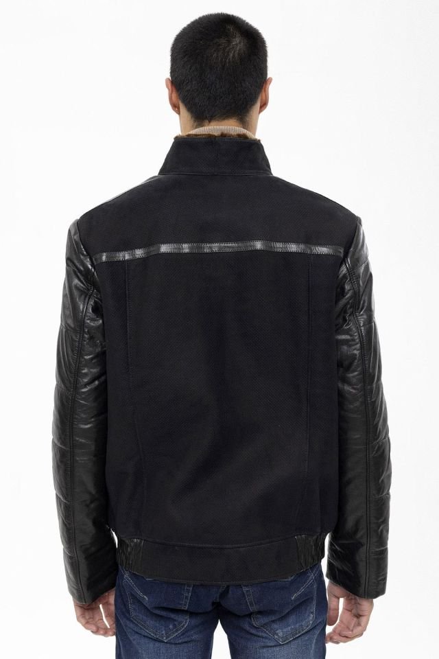 Black Dielo Leather Man Genuine Shearling Coat