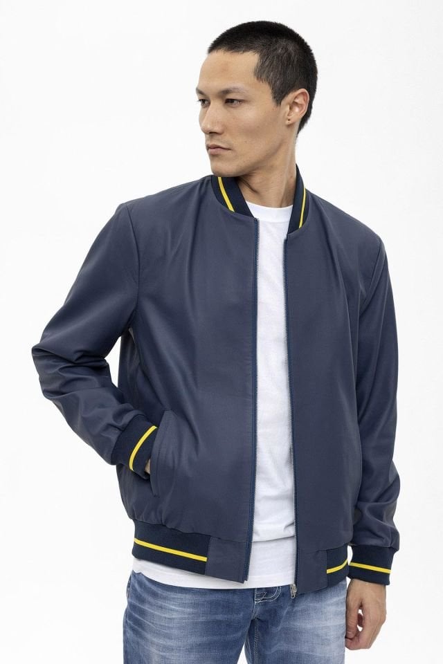 Leo Navy Blue Man Genuine Leather Bomber Jacket