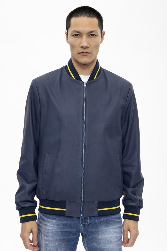 Leo Navy Blue Man Genuine Leather Bomber Jacket