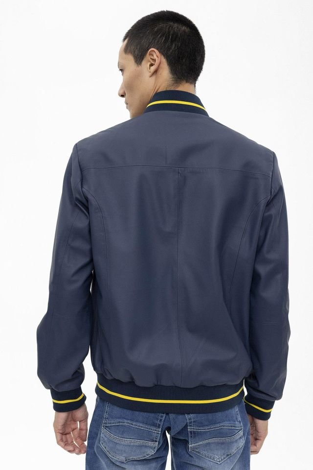Leo Navy Blue Man Genuine Leather Bomber Jacket