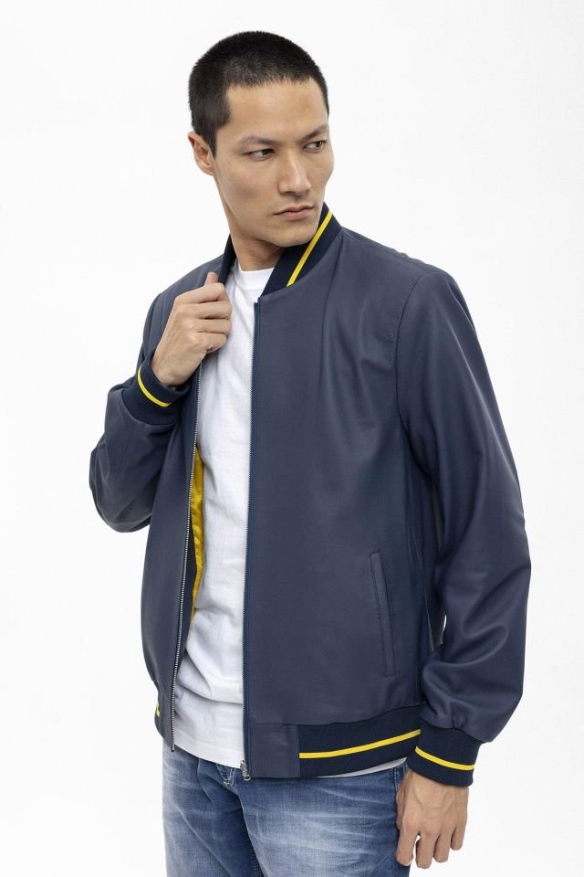 Leo Navy Blue Man Genuine Leather Bomber Jacket