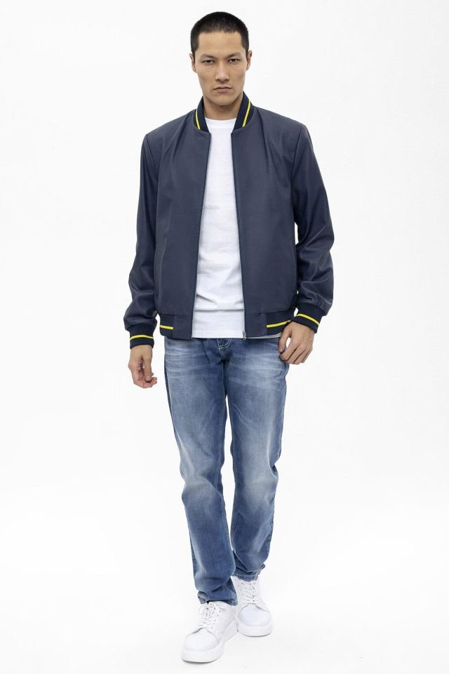 Leo Navy Blue Man Genuine Leather Bomber Jacket