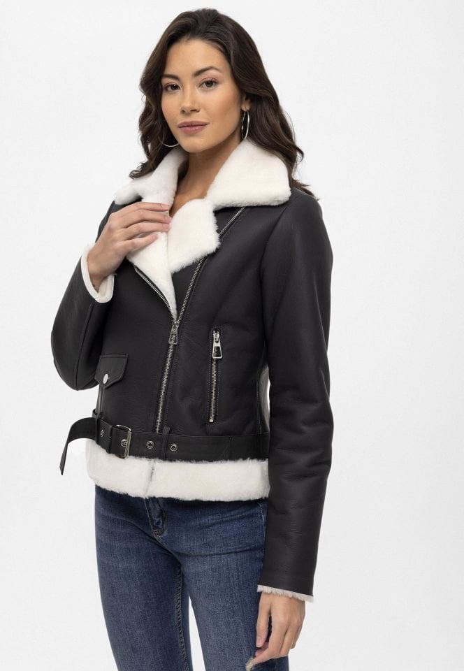 Black Alissa White Feather Inside Biker Woman Genuine Shearling Coat