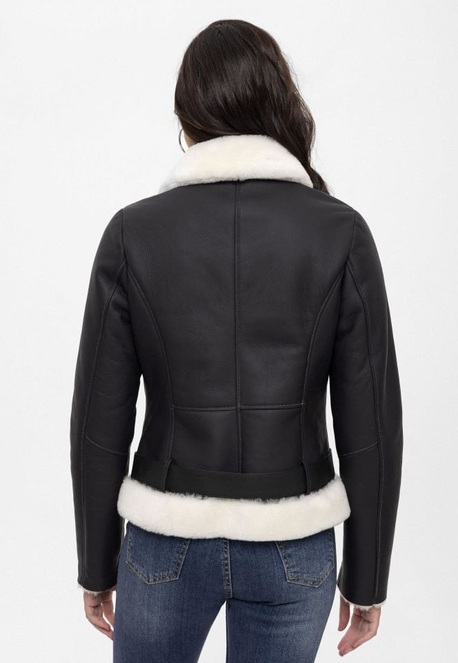 Black Alissa White Feather Inside Biker Woman Genuine Shearling Coat