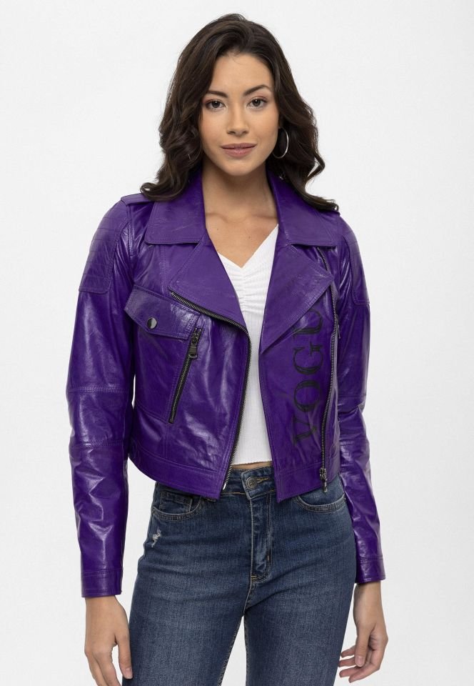 Purple Vogue Woman Genuine Leather Biker Jacket