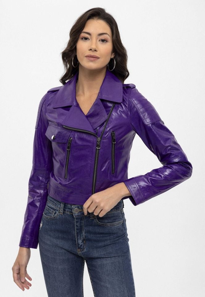 Purple Vogue Woman Genuine Leather Biker Jacket