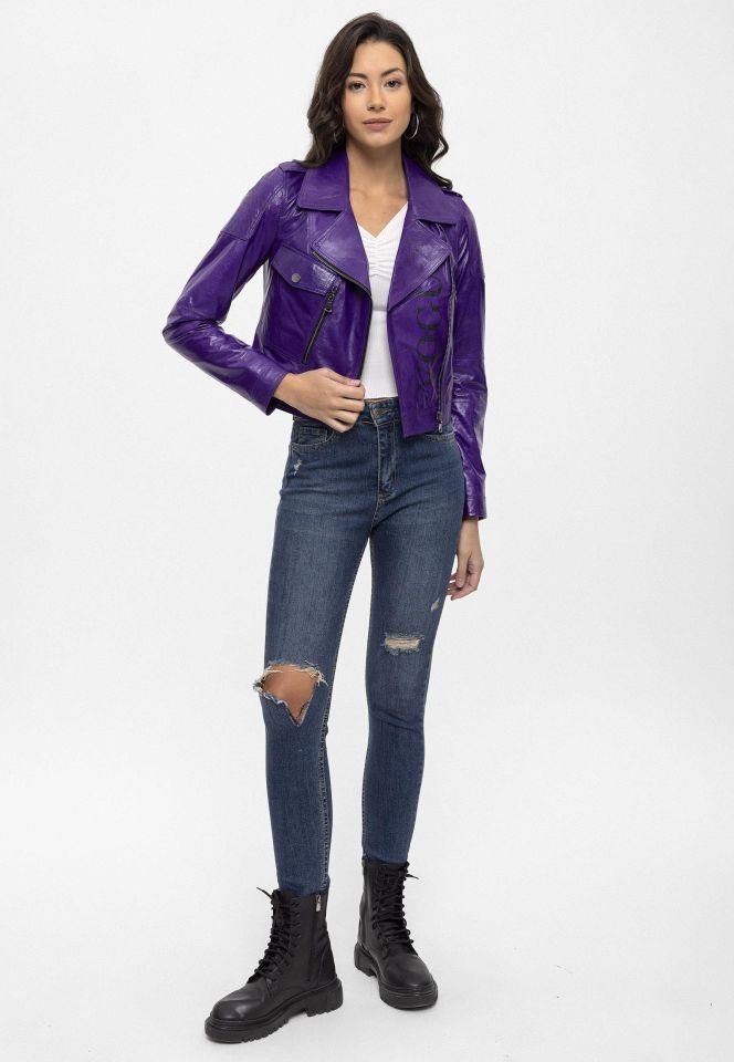 Purple Vogue Woman Genuine Leather Biker Jacket