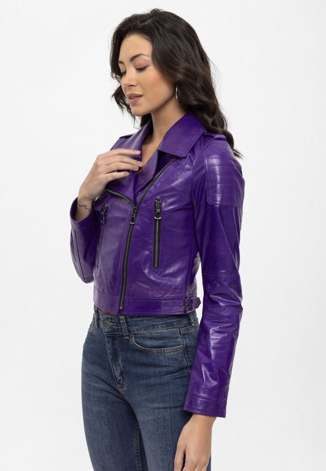 Purple Vogue Woman Genuine Leather Biker Jacket