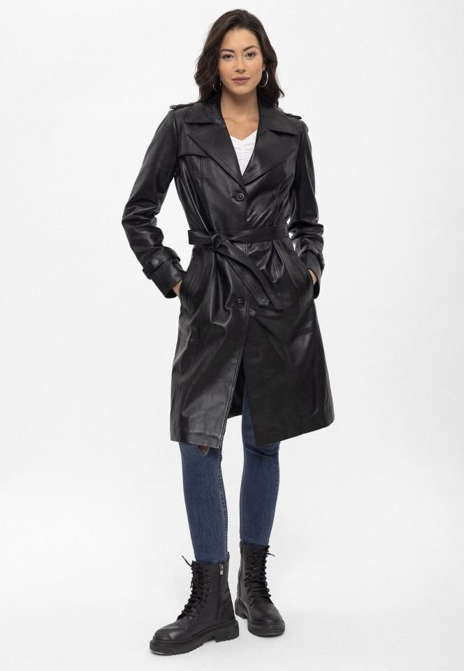 Black Cassie Trench Coat Woman Genuine Leather Coat