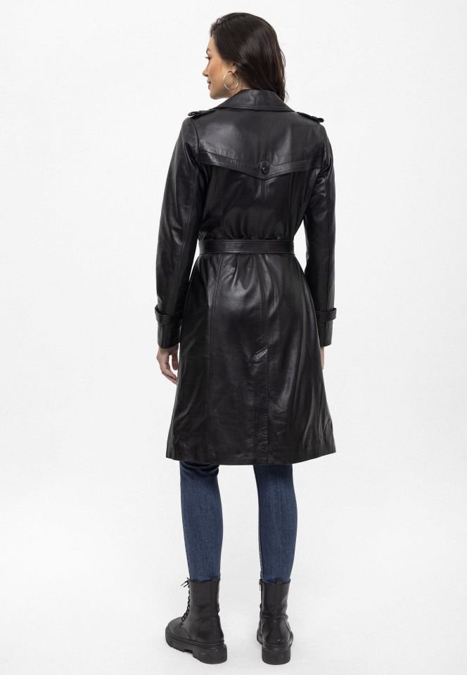 Black Cassie Trench Coat Woman Genuine Leather Coat