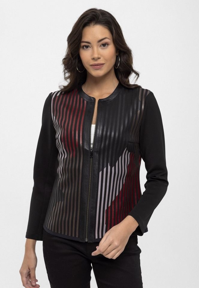 Red Black Lona Leather Printed Woman Genuine Leather Jacket