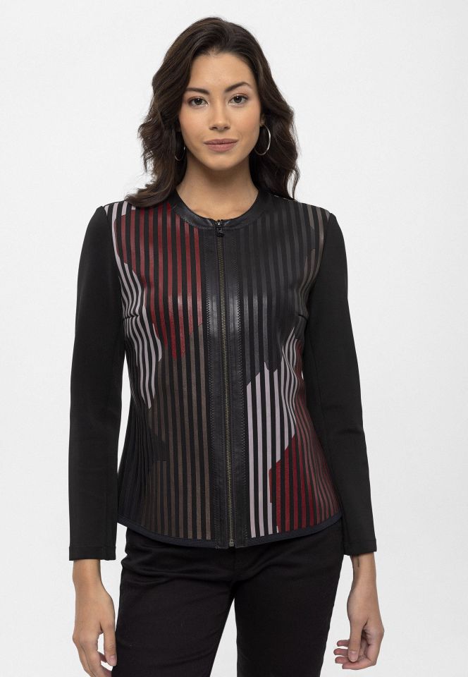 Red Black Lona Leather Printed Woman Genuine Leather Jacket