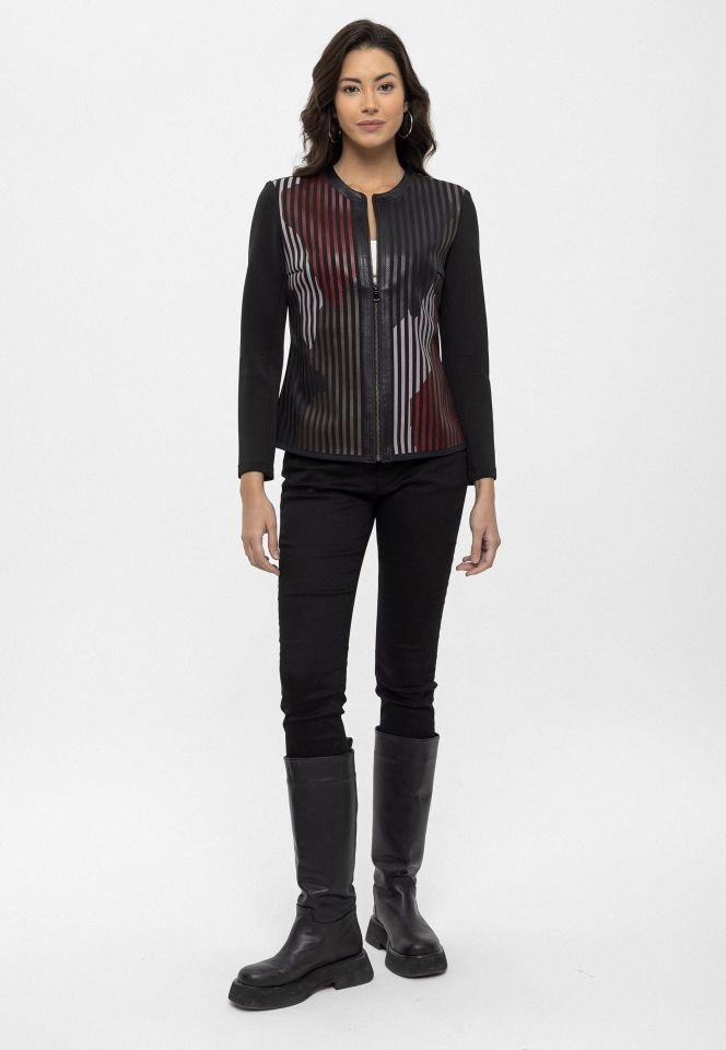 Red Black Lona Leather Printed Woman Genuine Leather Jacket