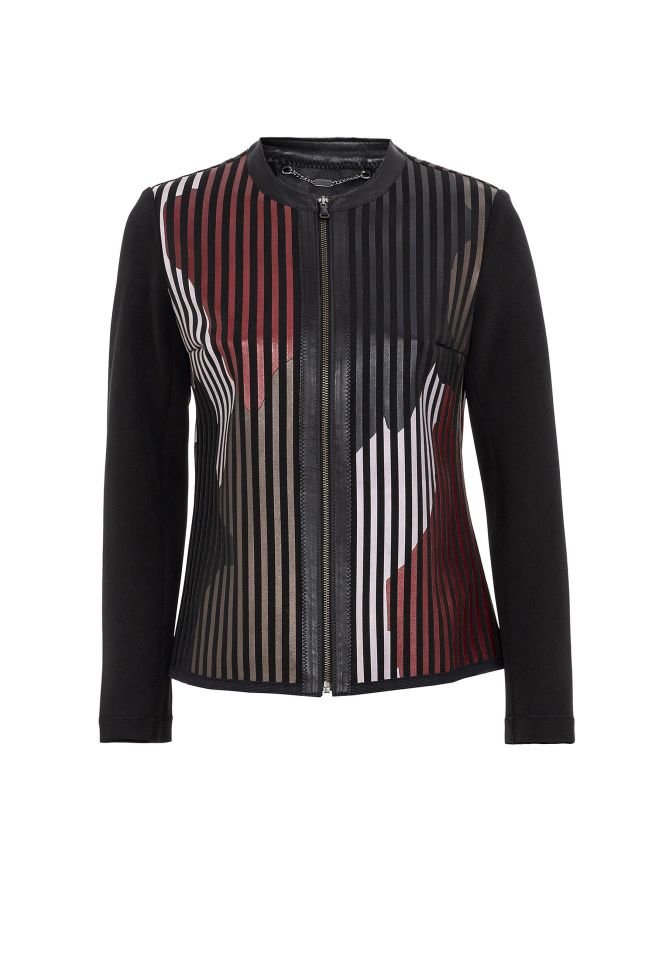 Red Black Lona Leather Printed Woman Genuine Leather Jacket