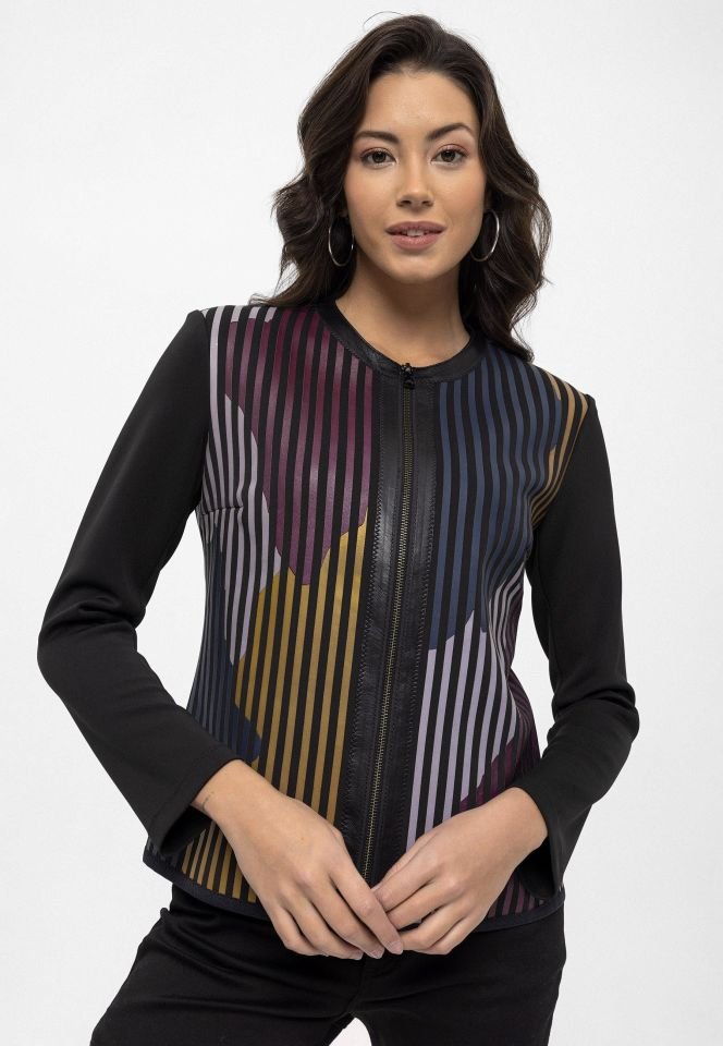 Blue Purple Black Lona Striped Leather Printed Woman Genuine Leather Jacket