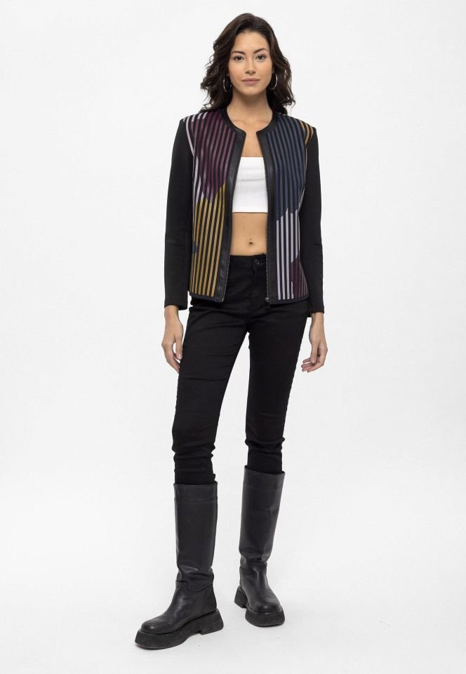 Blue Purple Black Lona Striped Leather Printed Woman Genuine Leather Jacket