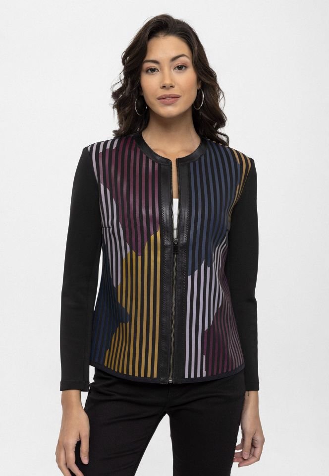 Blue Purple Black Lona Striped Leather Printed Woman Genuine Leather Jacket