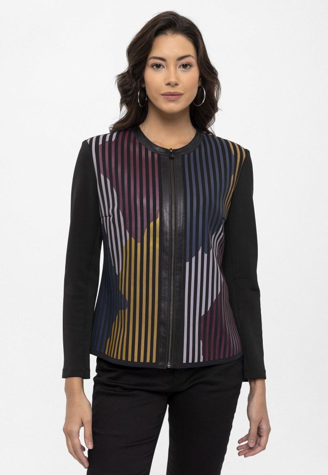 Blue Purple Black Lona Striped Leather Printed Woman Genuine Leather Jacket