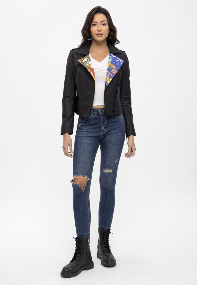 Black Tokyo Printed  Genuine Leather Woman Biker Jacket