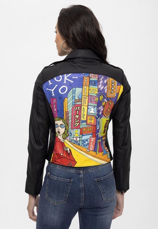 Black Tokyo Printed  Genuine Leather Woman Biker Jacket