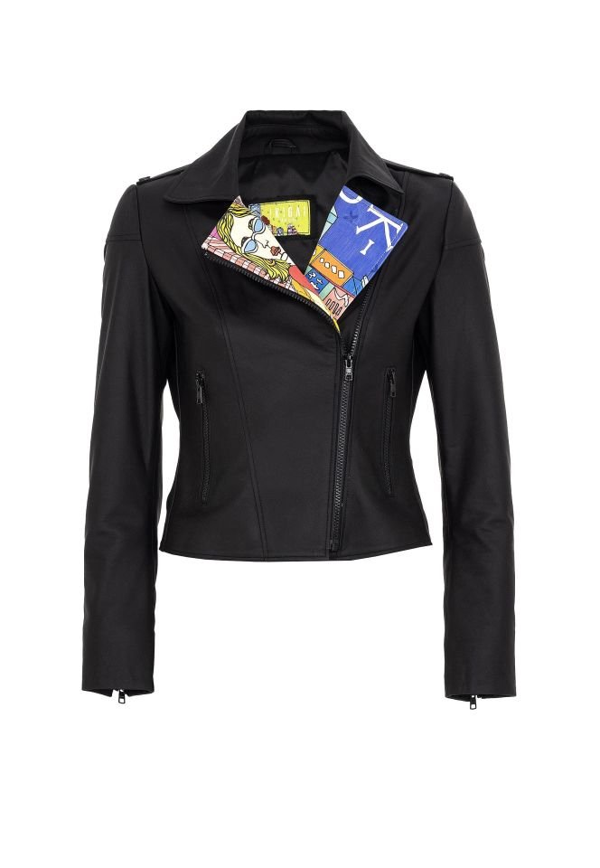 Black Tokyo Printed  Genuine Leather Woman Biker Jacket