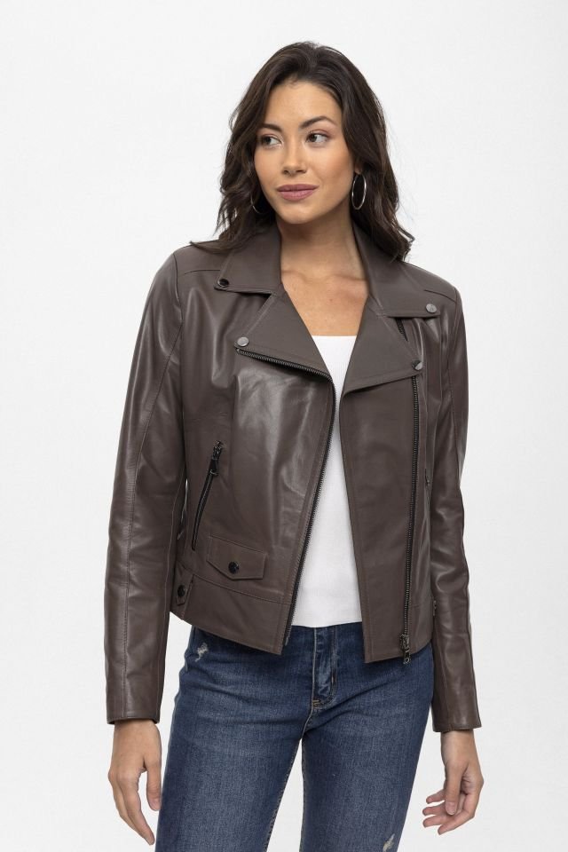 Grey Merlot Genuine Leather Woman Biker Jacket