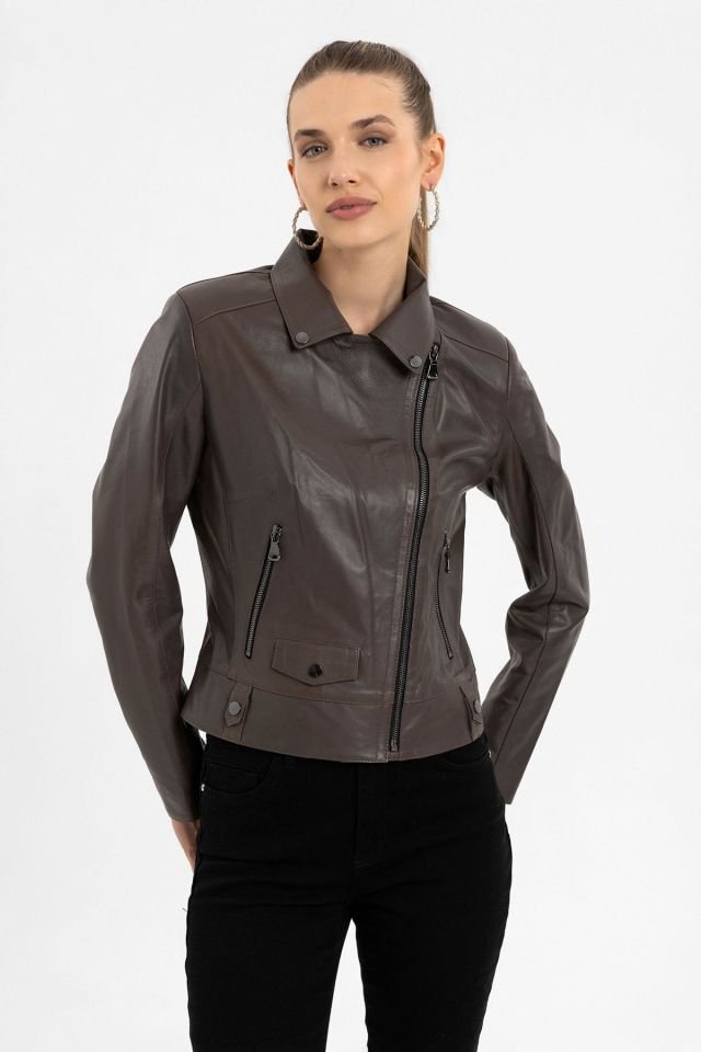 Grey Merlot Genuine Leather Woman Biker Jacket