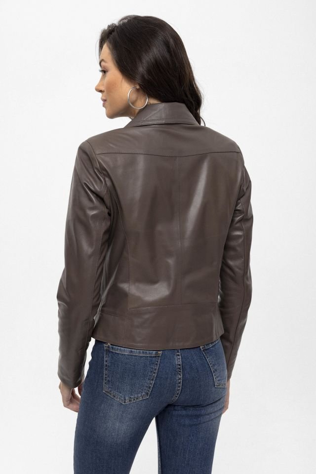 Grey Merlot Genuine Leather Woman Biker Jacket