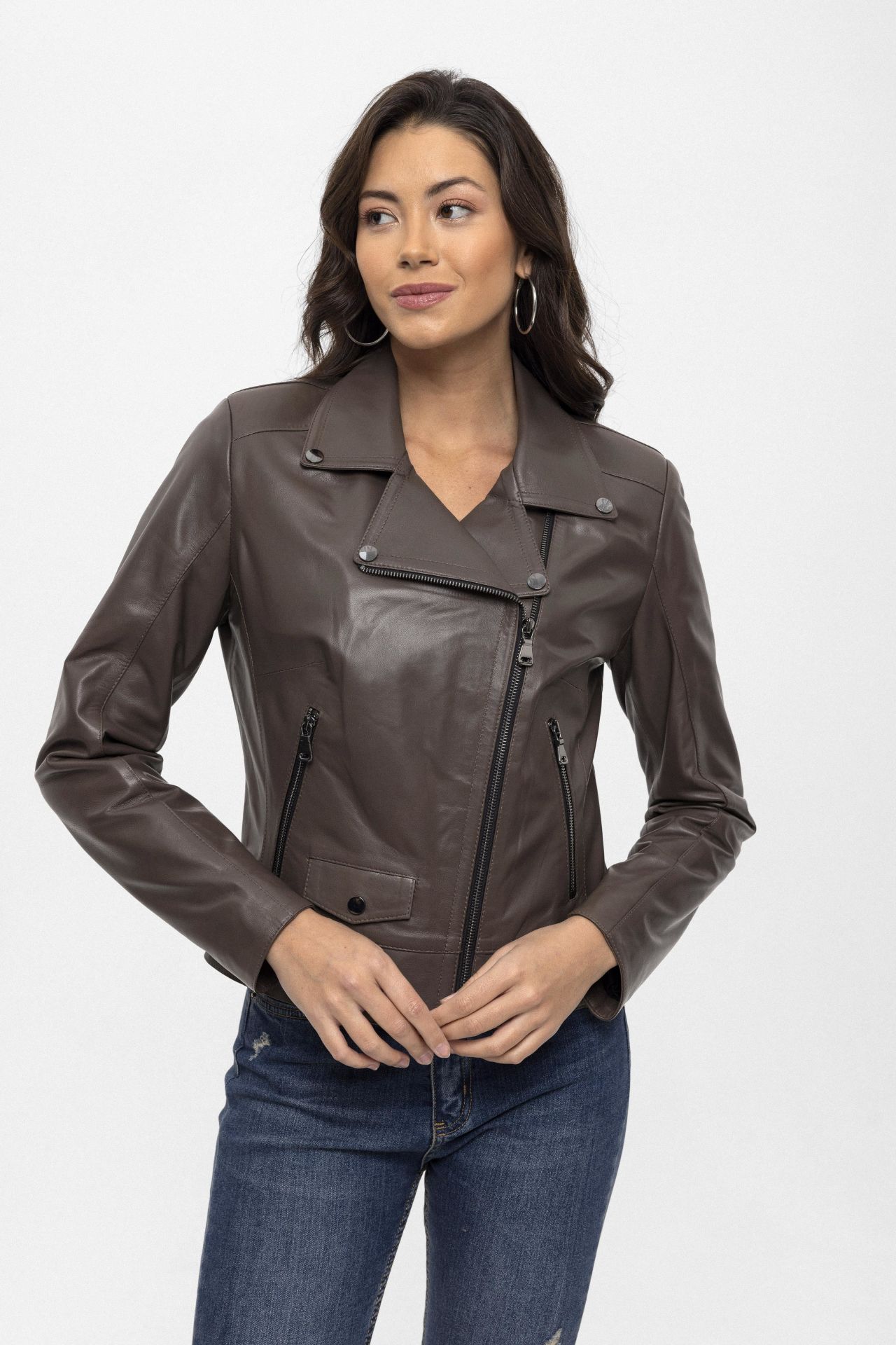 Grey Merlot Genuine Leather Woman Biker Jacket