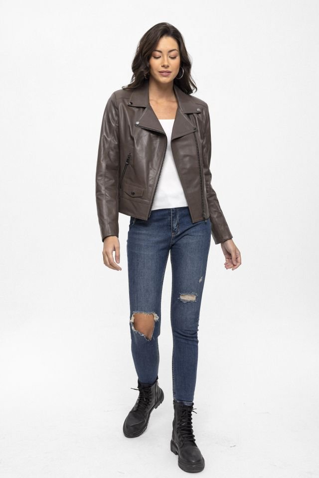 Grey Merlot Genuine Leather Woman Biker Jacket