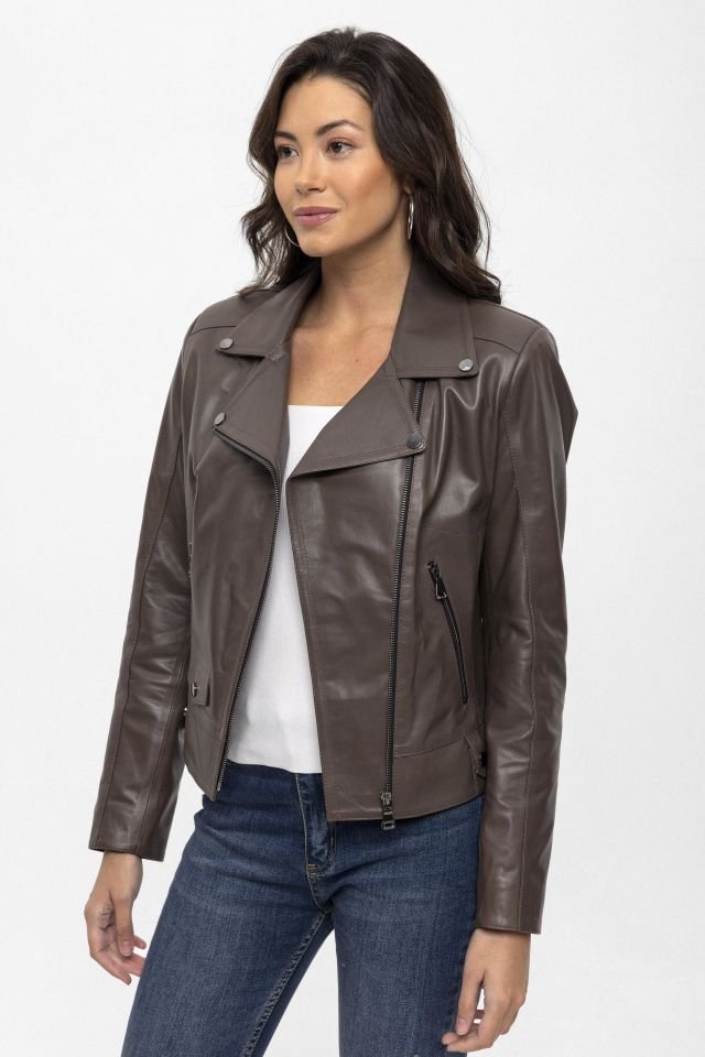 Grey Merlot Genuine Leather Woman Biker Jacket