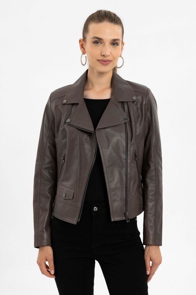 Grey Merlot Genuine Leather Woman Biker Jacket