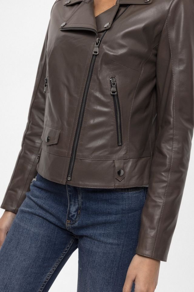 Grey Merlot Genuine Leather Woman Biker Jacket