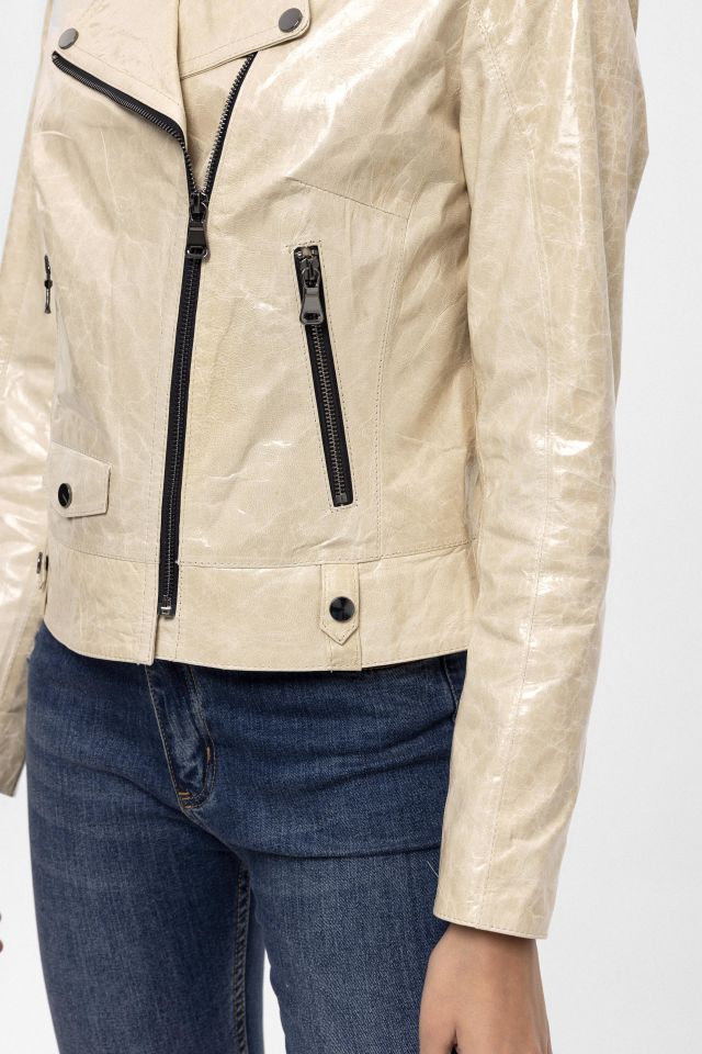 Beige Merlot Genuine Leather Woman Biker Jacket