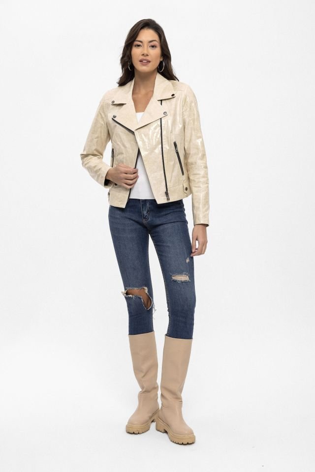 Beige Merlot Genuine Leather Woman Biker Jacket