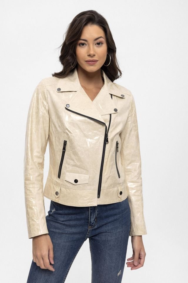 Beige Merlot Genuine Leather Woman Biker Jacket